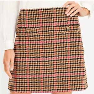 LOFT Pink and Brown Houndstooth Mini Skirt
